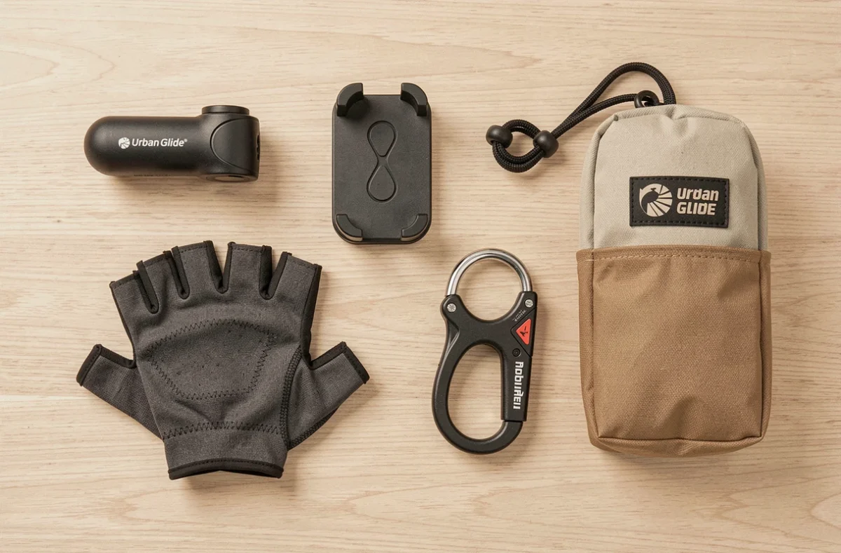 Accessoires essentiels pour trottinette Urban Glide 140 disposés en flat-lay sur une surface en bois clair