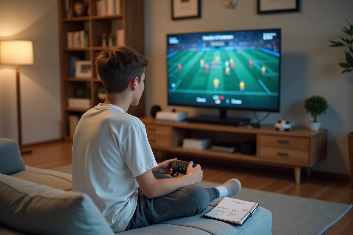 Adolescent assis dans un salon en train de personnaliser les touches de sa manette pour optimiser son jeu sur FC 25