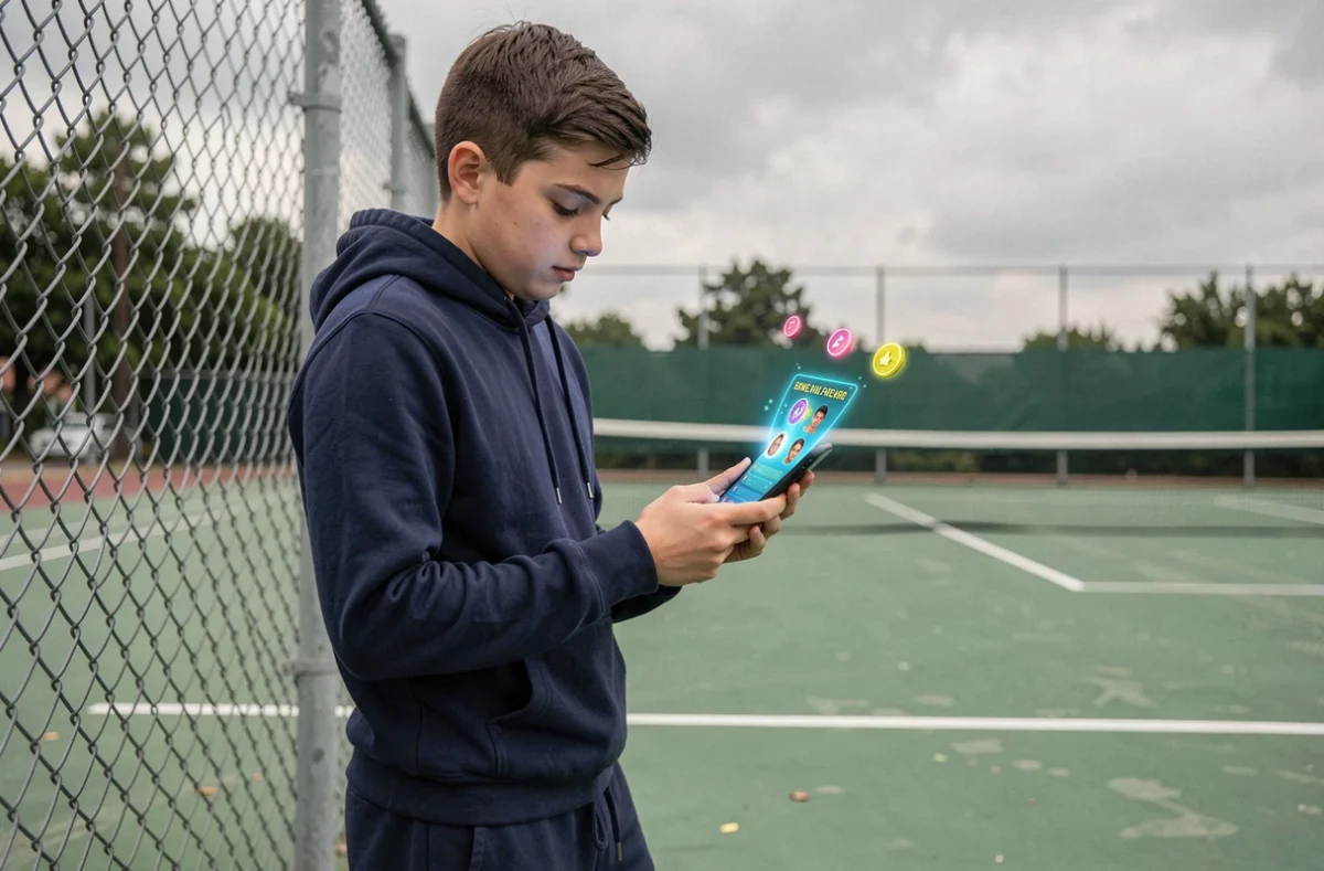 Adolescent tenant un smartphone affichant des récompenses virtuelles et des skins dans un jeu de tennis mobile, debout près d'un court extérieur
