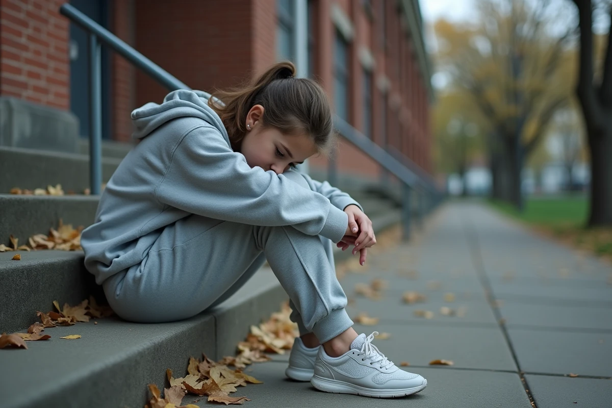 Adolescente fatiguée assise sur un escalier extérieur