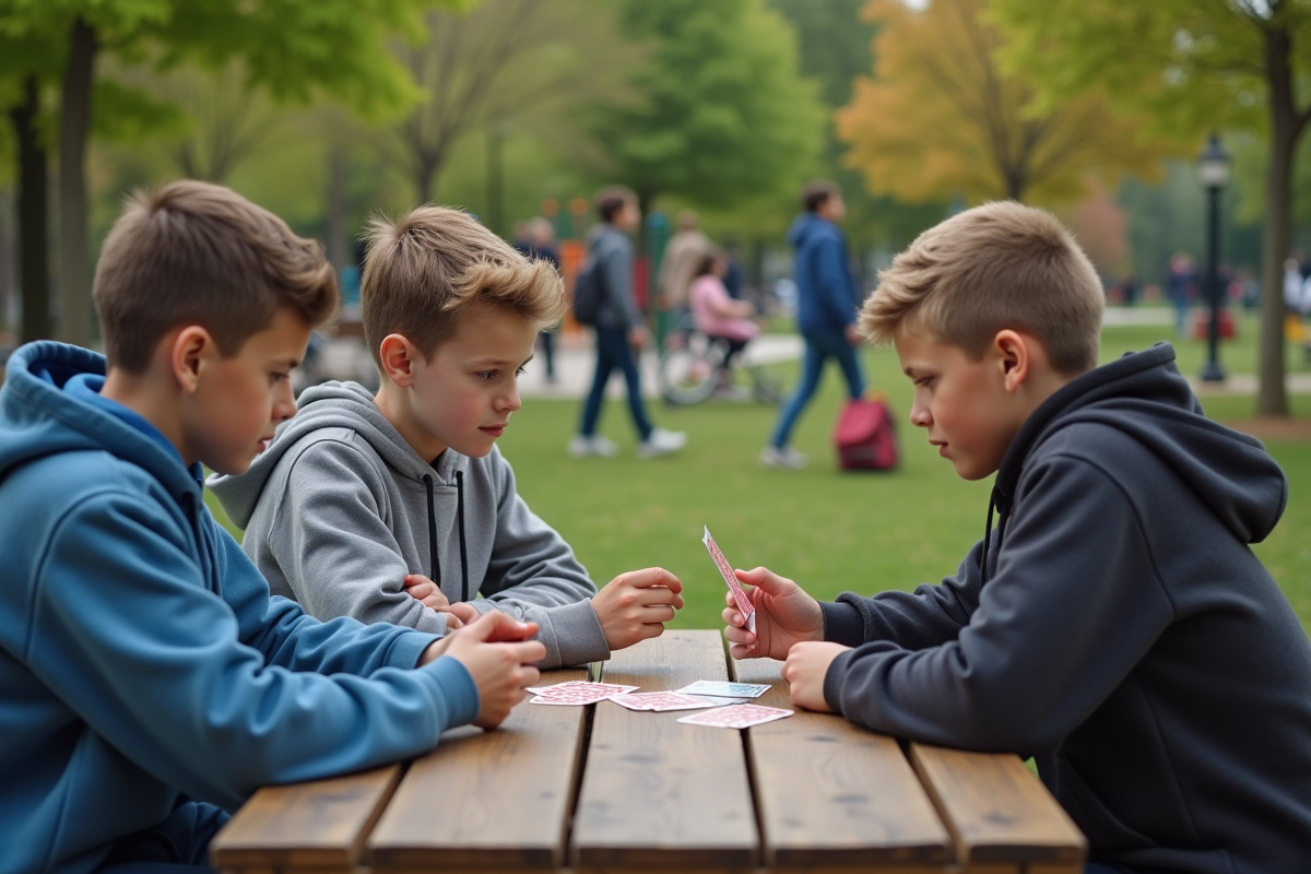 Adolescents jouant à un jeu de cartes en plein air dans un parc