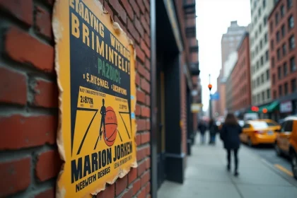 Affiche de match de basket collée sur un mur de briques à New York avec une typographie vintage et une ambiance urbaine authentique