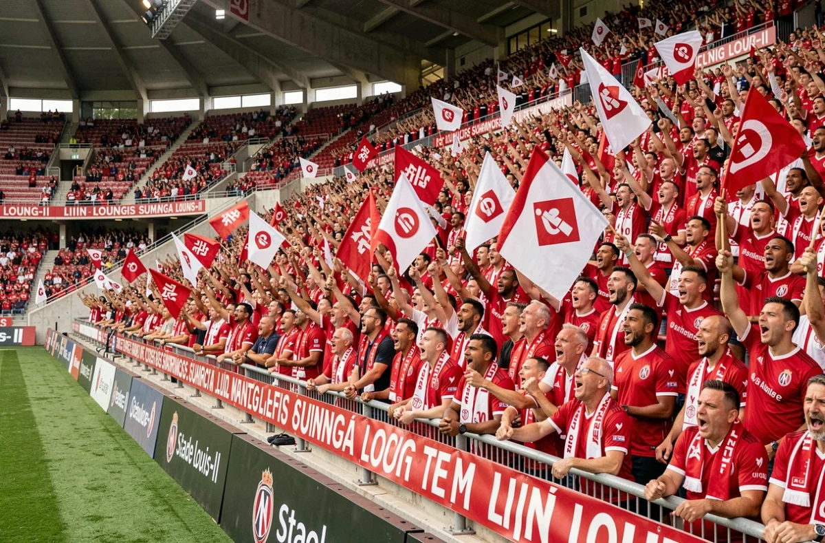 Ambiance de tribune au Stade Louis-II lors d'un match de l'AS Monaco avec drapeaux et banderoles