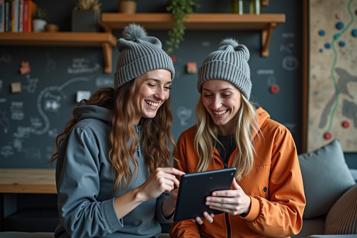 Deux amis discutant avec tablette dans salle d