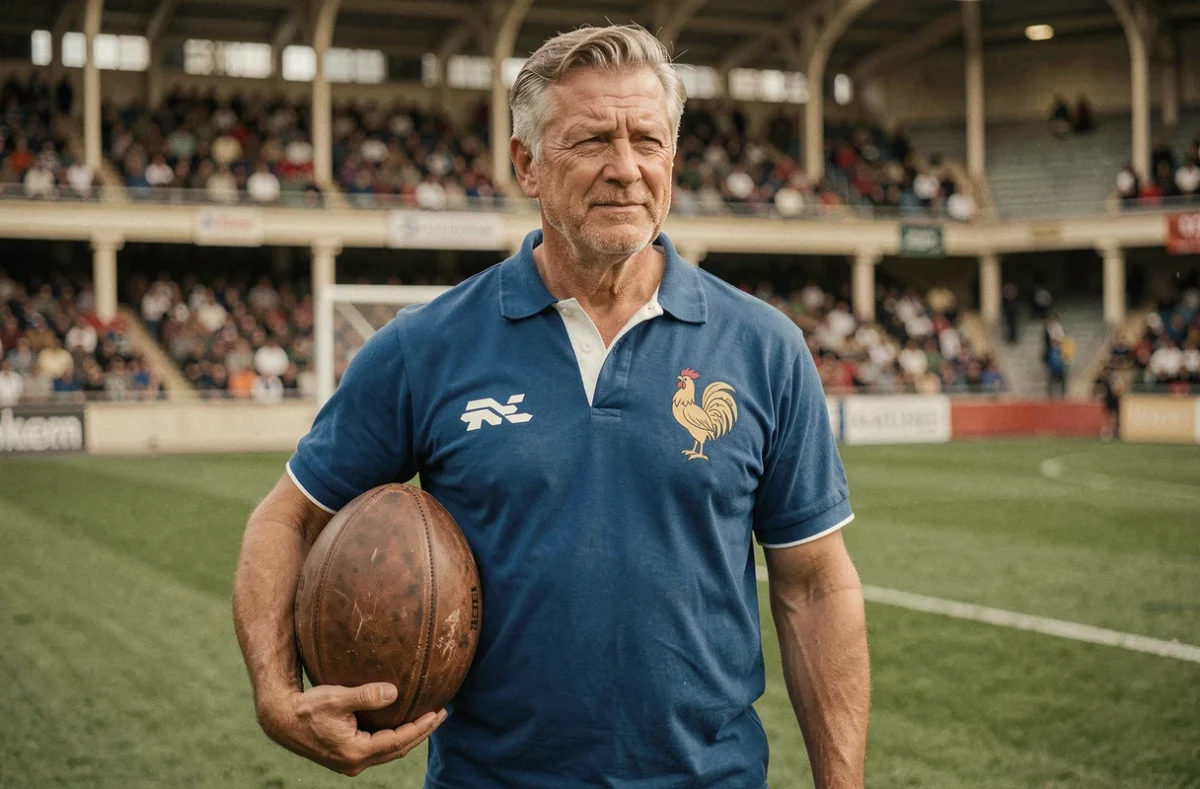 Ancien joueur de rugby français en maillot bleu du XV de France tenant un ballon ovale dans un stade historique