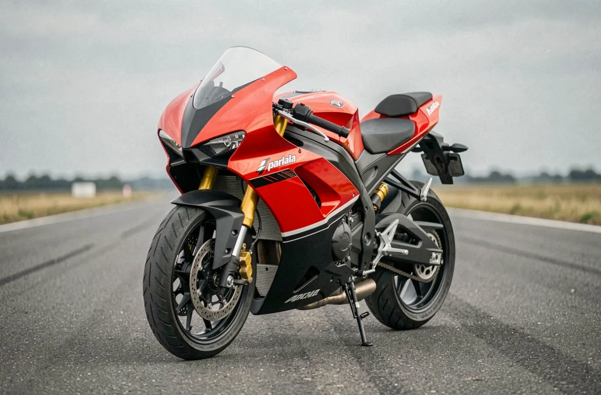 Aprilia RS 125 rouge garée sur circuit asphalte vue 3/4 avant, mise en valeur des carénages aérodynamiques et du pot d'échappement