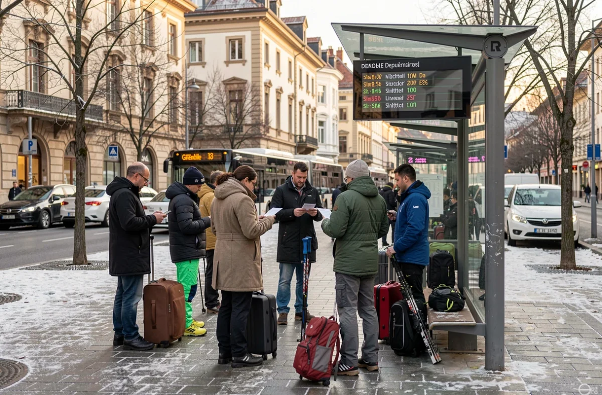 Arrêt de navette à Grenoble avec panneau horaires pour la station des Sept Laux en hiver
