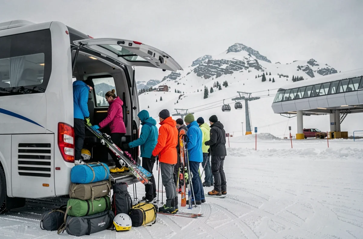 Zone d'arrivée aux Sept Laux avec skieurs déchargeant leur matériel d'une navette au pied des pistes