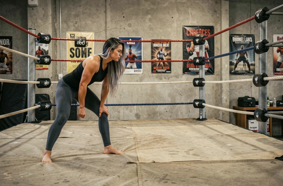 Athlète de catch féminin s'échauffant dans une salle d'entraînement professionnelle avec ring de lutte en arrière-plan