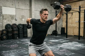 Athlète masculin exécutant un dumbbell snatch en extension complète dans une salle de CrossFit, illustrant la technique du DB Snatch pour améliorer les performances au WOD