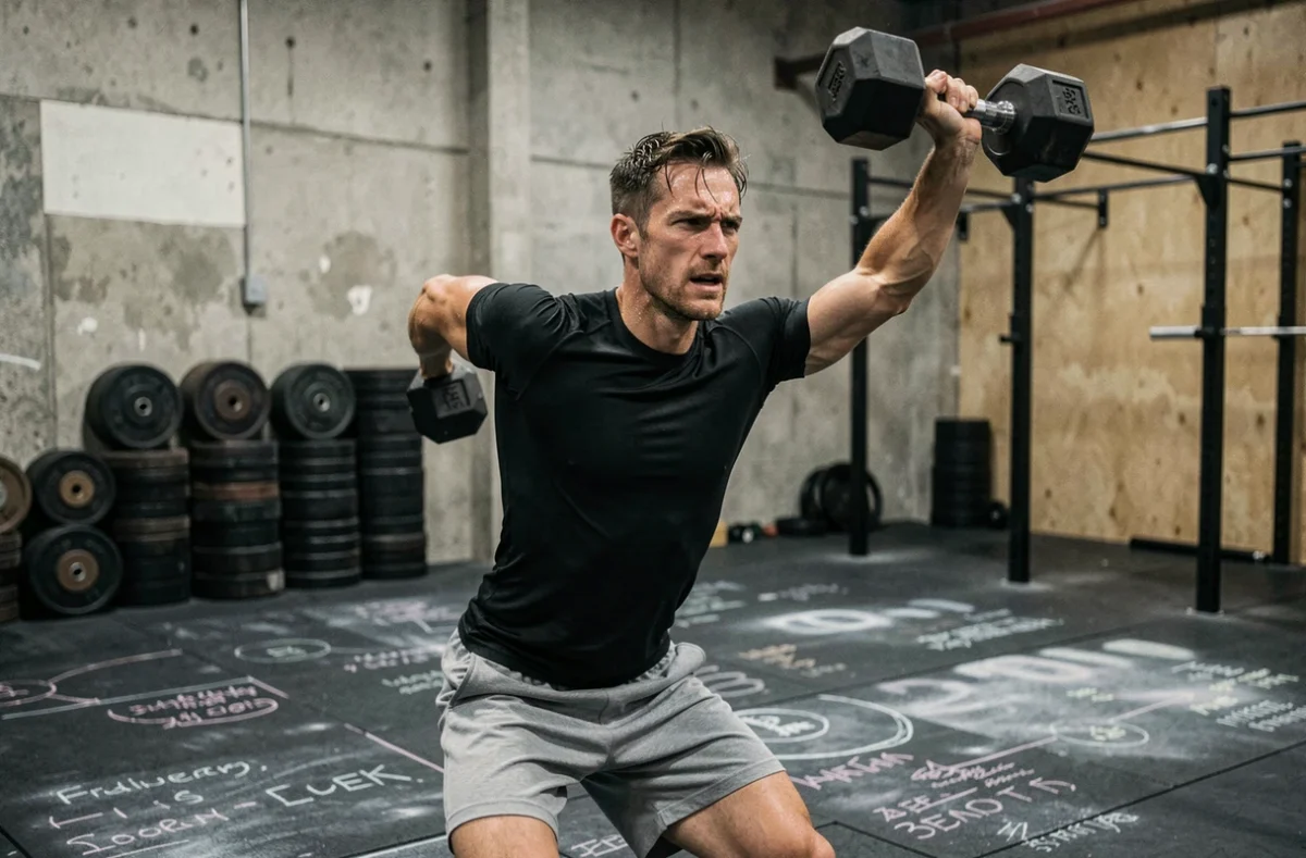 Athlète masculin exécutant un dumbbell snatch en extension complète dans une salle de CrossFit, illustrant la technique du DB Snatch pour améliorer les performances au WOD