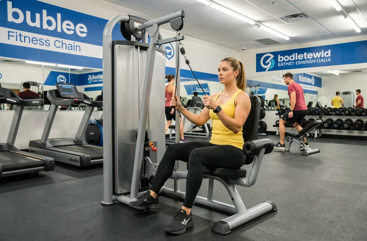 Femme effectuant un exercice de tirage câble dans la salle Basic-Fit d'Arras au cadre fonctionnel bleu et blanc