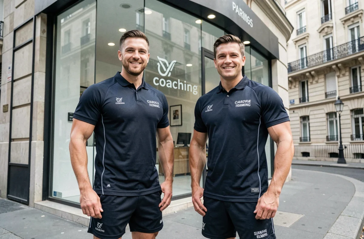 Équipe de coachs de Be Coached posant devant leur studio de coaching sportif à Paris