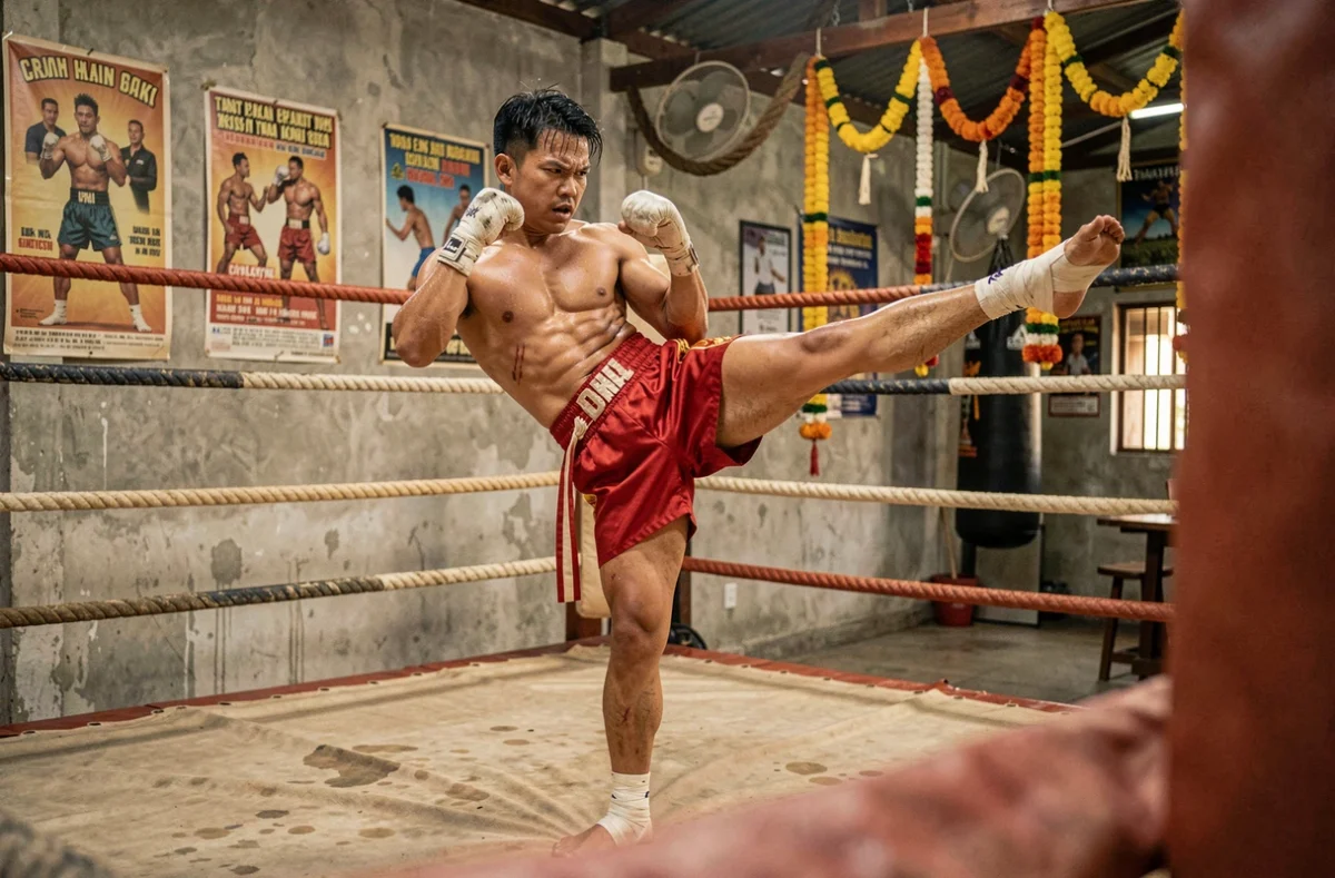 Boxeur thaï en plein entraînement exécutant un teep dans un gymnase de Muay Thai authentique en Thaïlande