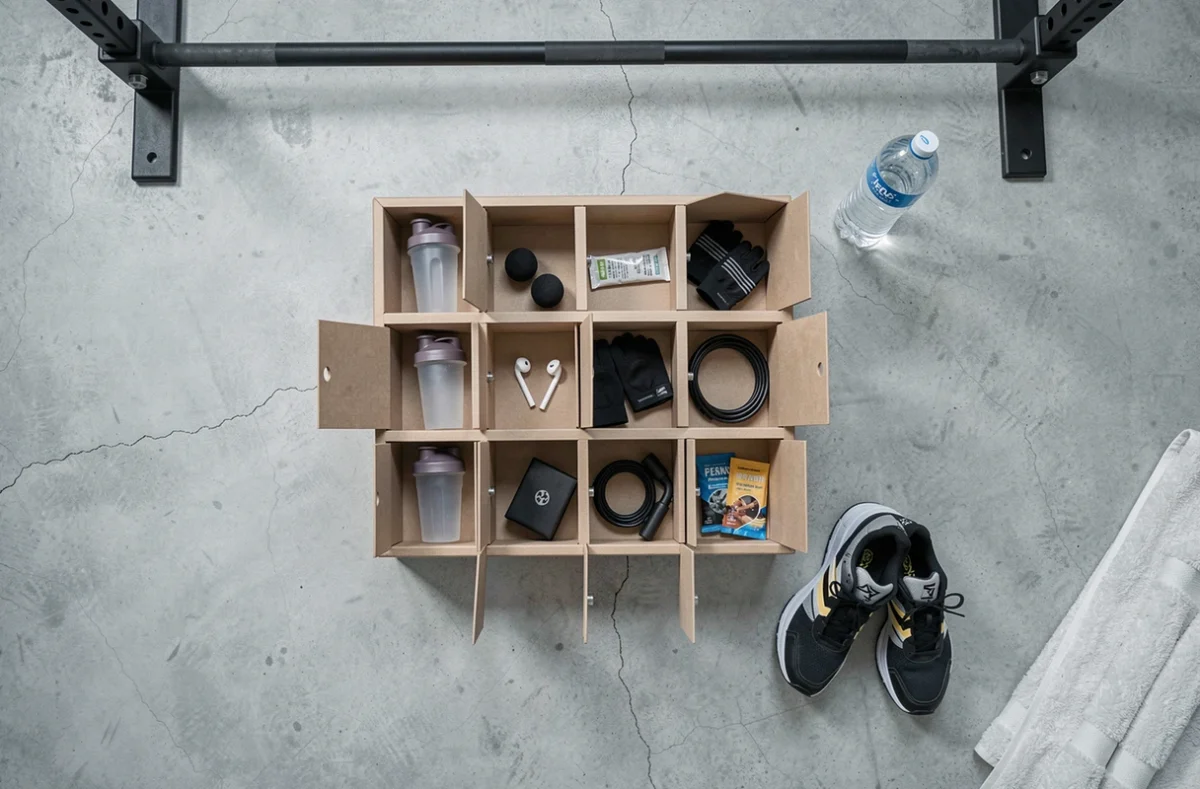 Vue aérienne d'un calendrier de l'Avent sportif avec accessoires fitness étalés sur un tapis de gym à domicile