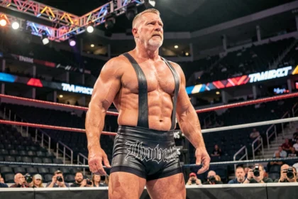 Catcheur professionnel en tenue sombre dans une arène de catch style TNA Impact Zone