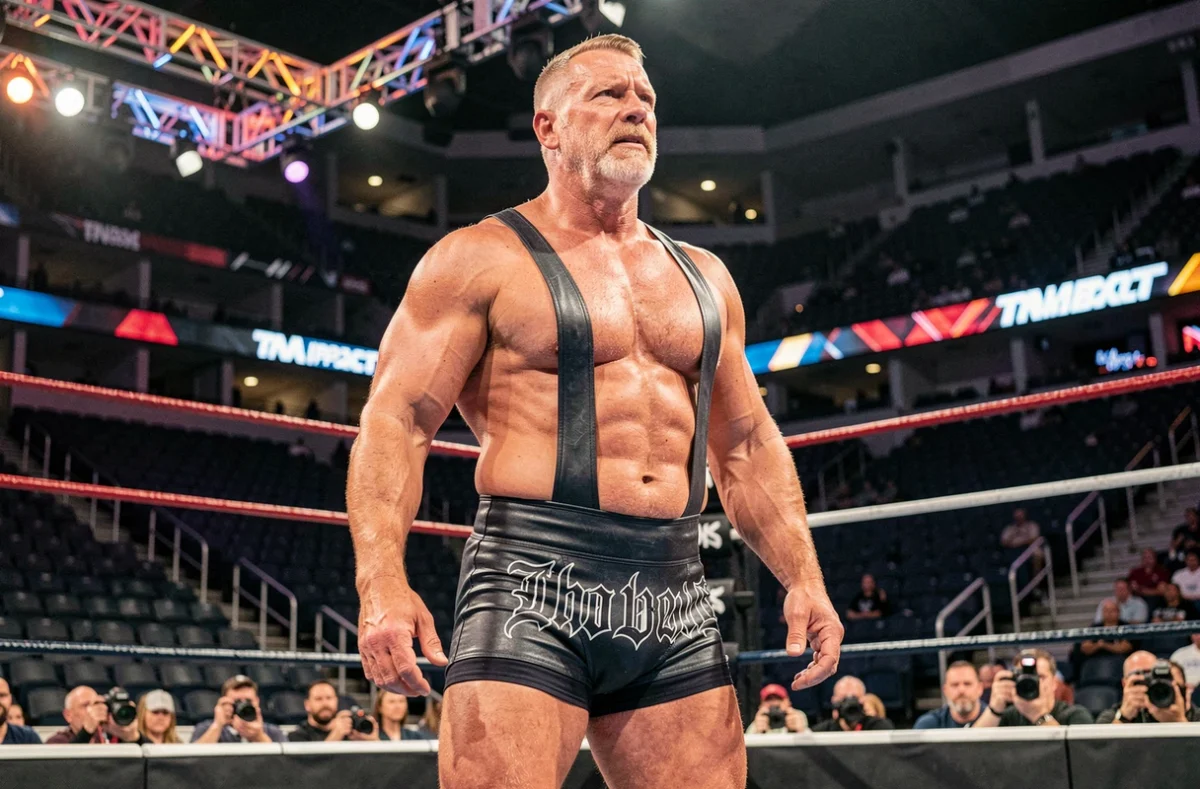 Catcheur professionnel en tenue sombre dans une arène de catch style TNA Impact Zone