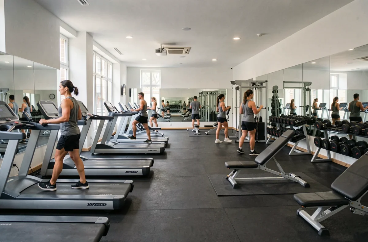 Salle de sport Central Sport à Paris avec coachs et clients s'entraînant dans un espace moderne et organisé