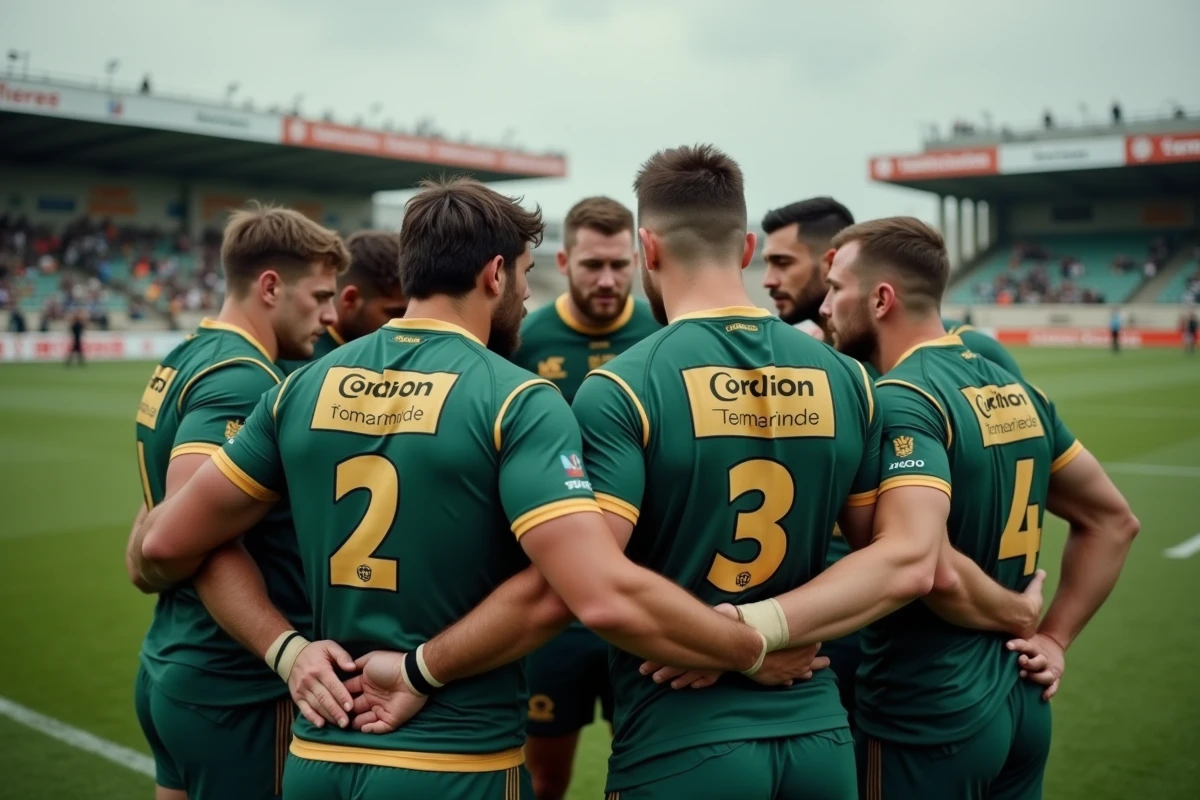 Joueurs de rugby Fédérale 3 en cercle d'équipe avant le coup d'envoi du match