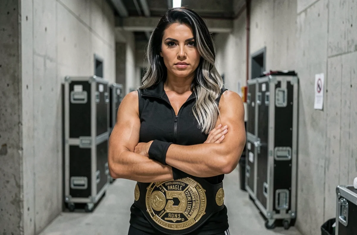 Championne de catch posant avec sa ceinture de championnat dans les coulisses d'une arène sportive professionnelle