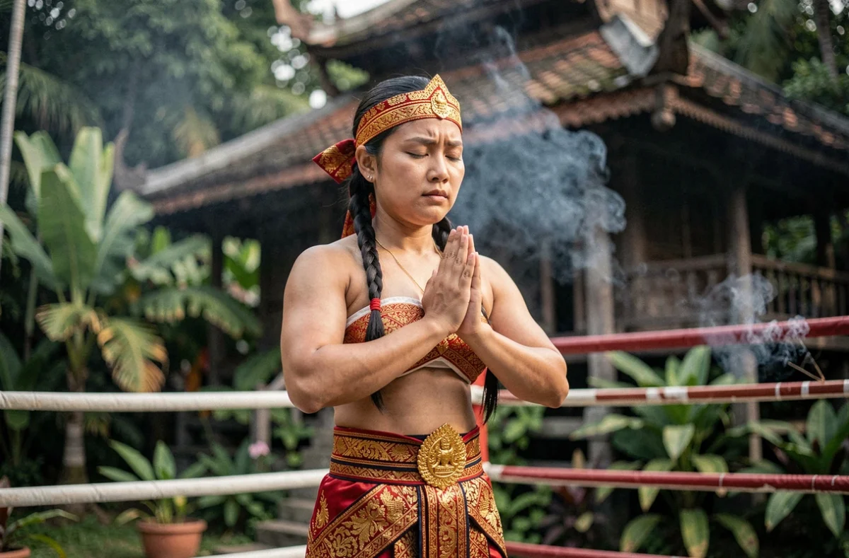 Championne de boxe thaï effectuant le rituel Wai Kru Ram Muay avant un combat lors d'un festival culturel en Thaïlande
