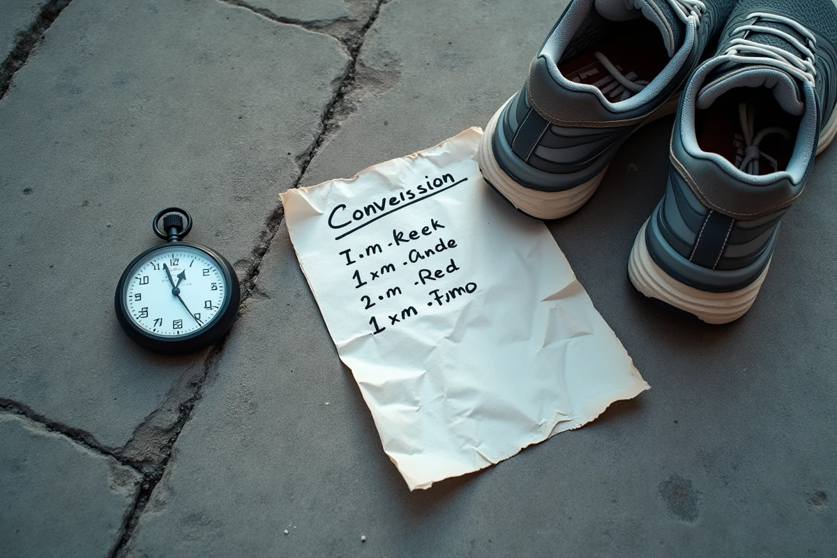 Chaussures de running et chronomètre sur trottoir urbain avec notes de calcul de temps au kilomètre