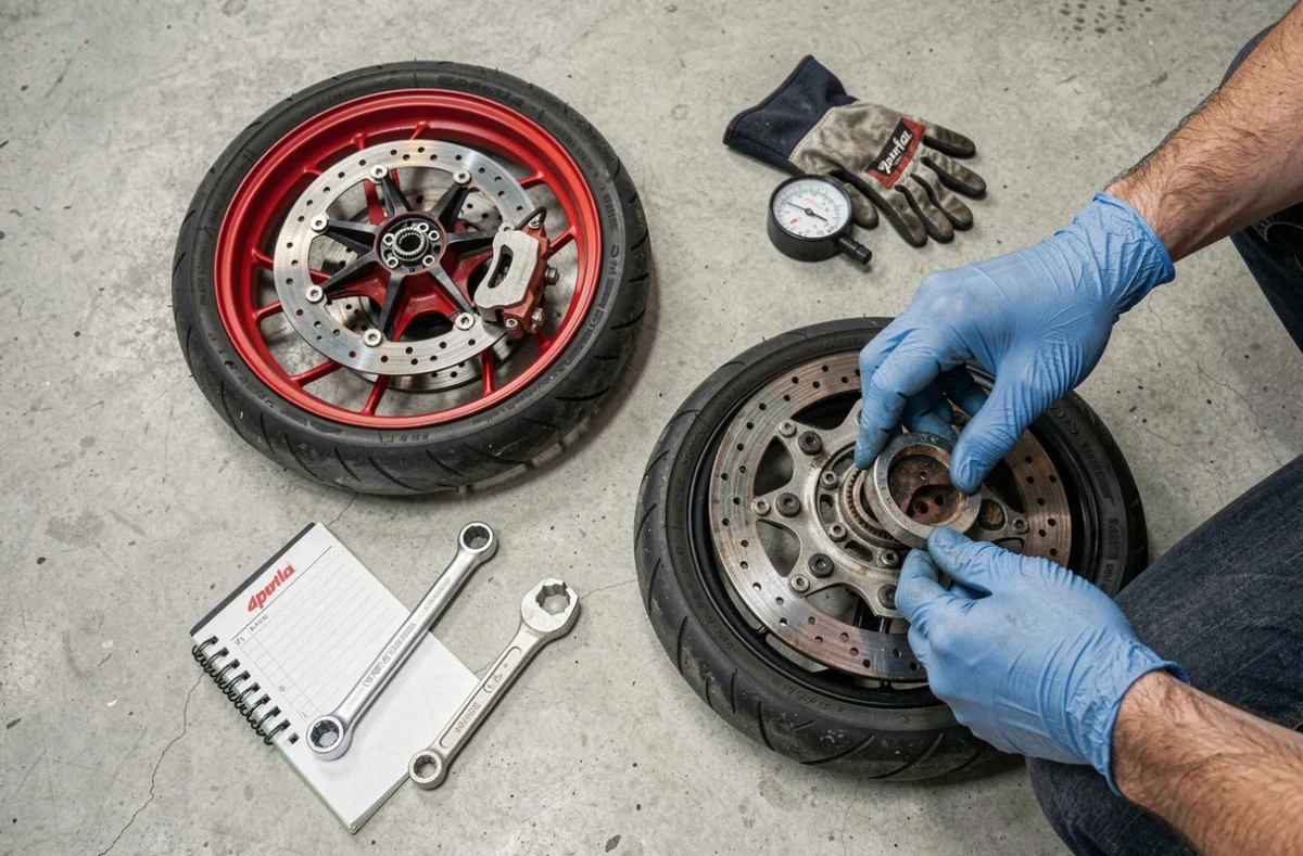 Check-list de sécurité avant sortie sur Aprilia RS 125 : inspection frein, pression pneu et outils mécaniques sur sol de garage