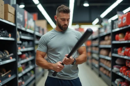 Homme inspectant une batte de baseball dans un magasin de sport avant de l'acheter
