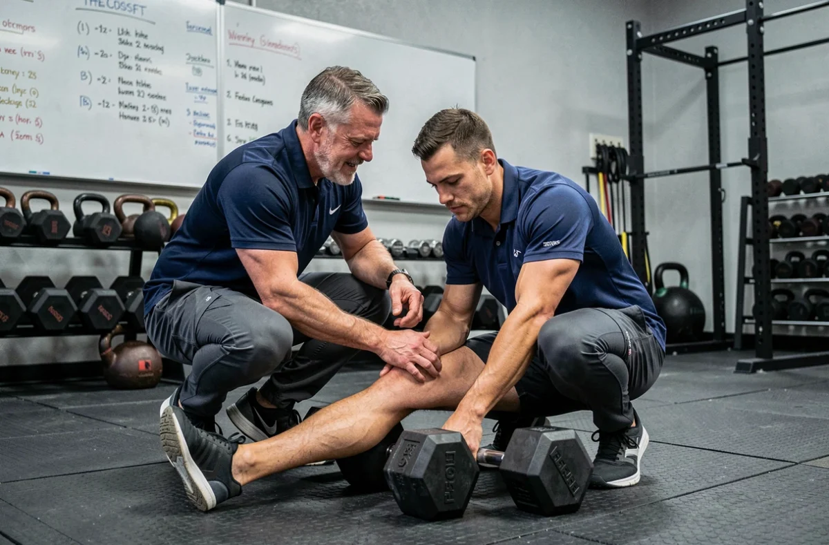 Coach corrigeant la technique d'un athlète lors d'un exercice de dumbbell snatch dans une salle de CrossFit, représentant l'approche pédagogique de la méthode 2026 pour optimiser le DB Snatch au WOD