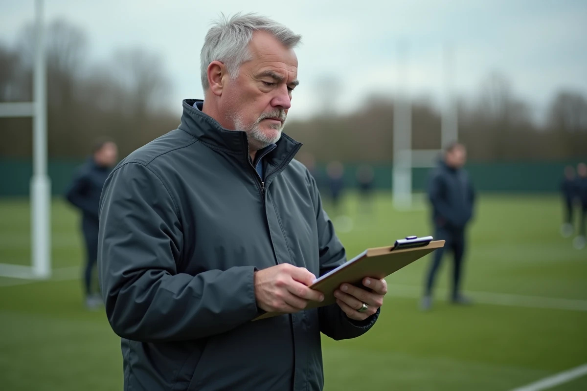 Entraineur de rugby analysant un plan de jeu sur le terrain