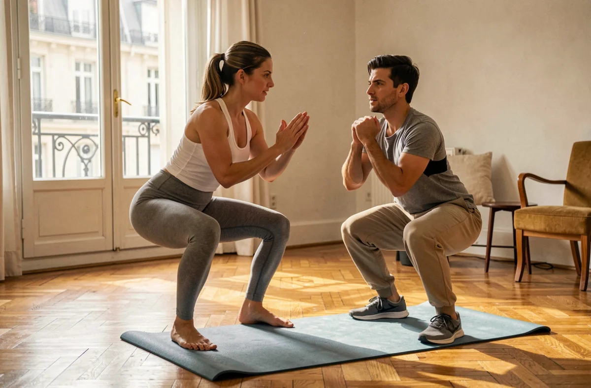 Coach sportif minceur guidant une séance d'entraînement à domicile dans un appartement parisien lumineux