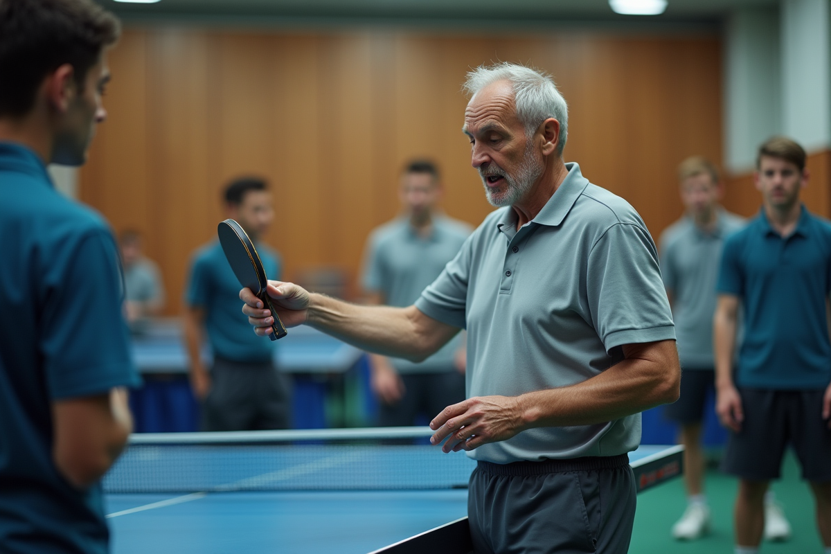 Entraineur de tennis de table montrant une technique de prise