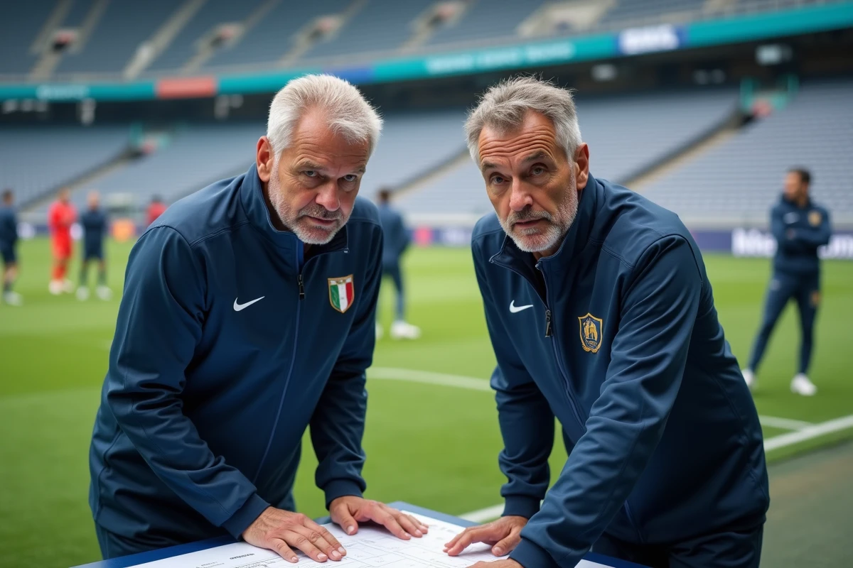 Entra&icirc;neurs de football analysant une strat&eacute;gie sur le terrain