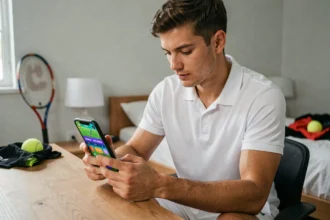 Joueur de tennis consultant des codes promotionnels sur son smartphone pour obtenir des skins et des pièces dans un jeu mobile de tennis