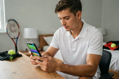 Joueur de tennis consultant des codes promotionnels sur son smartphone pour obtenir des skins et des pièces dans un jeu mobile de tennis