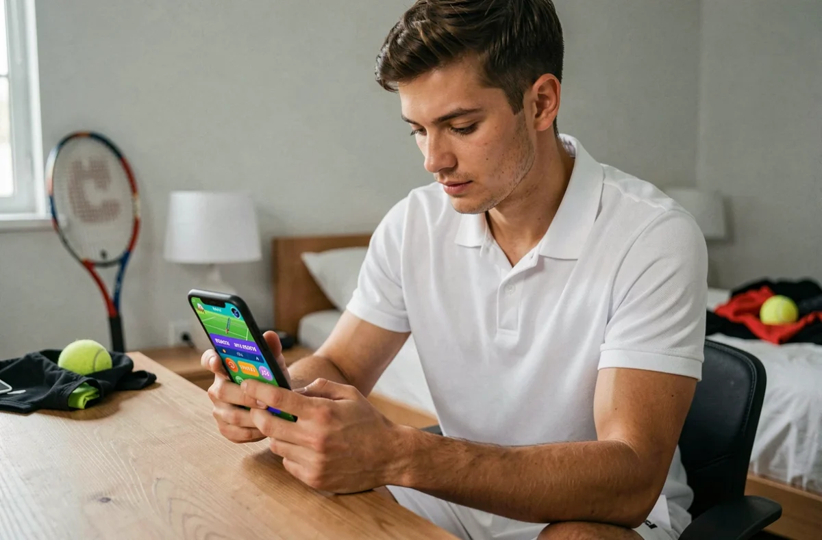 Joueur de tennis consultant des codes promotionnels sur son smartphone pour obtenir des skins et des pièces dans un jeu mobile de tennis