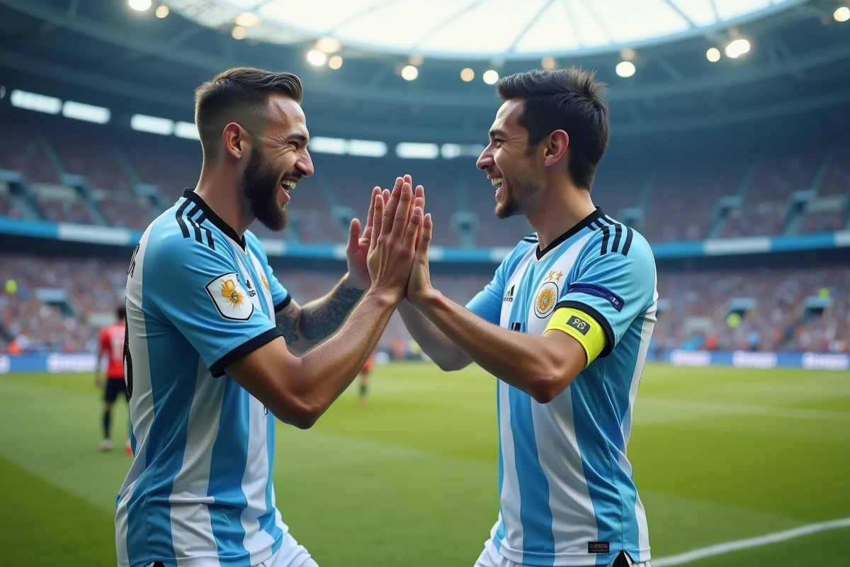 Deux joueurs argentins se félicitant après un but lors d'un match international sous les couleurs albicelestes