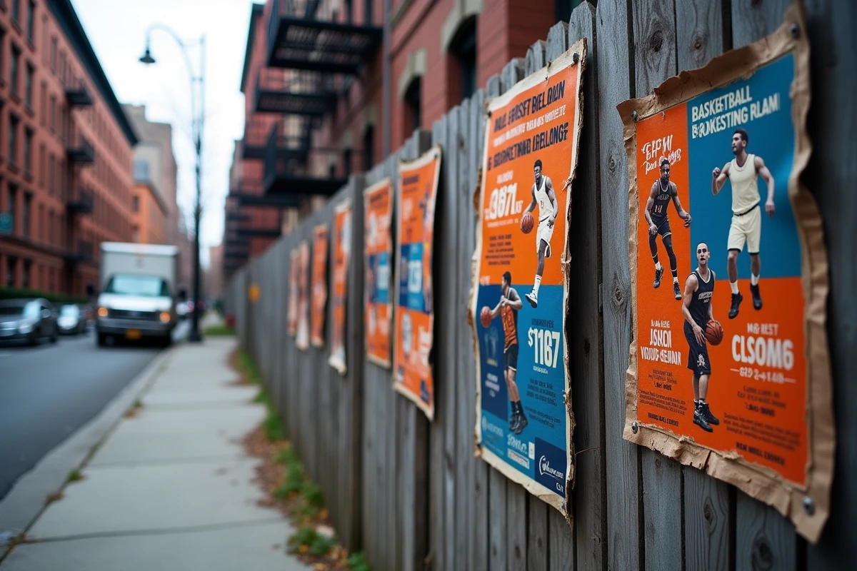 Collection d'affiches de matchs de basket NBA superposées sur une palissade en bois à Brooklyn avec des couleurs d'équipes vives