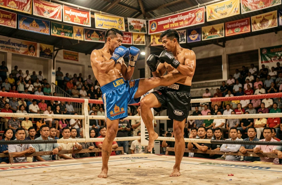 Deux combattants de Muay Thai en plein combat lors d'un match professionnel dans un stade thaïlandais