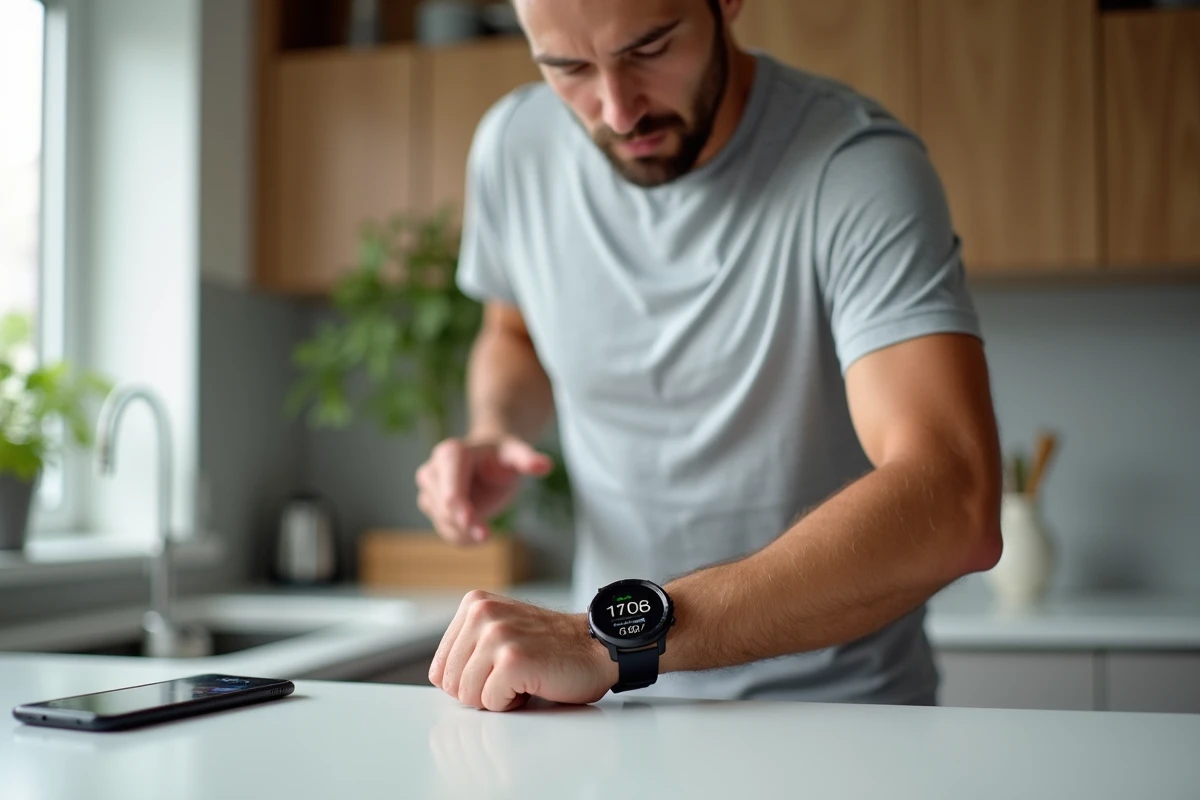 Homme comparant l'allure en min/km sur sa montre GPS et une application de course sur smartphone