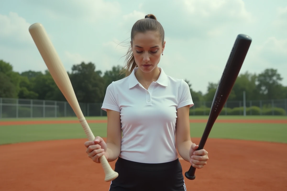 Femme comparant deux battes de baseball sur un terrain avant son premier achat