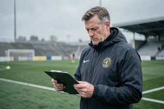 Entraîneur de football professionnel étudiant une feuille de composition tactique au bord d'un terrain d'entraînement du PSG