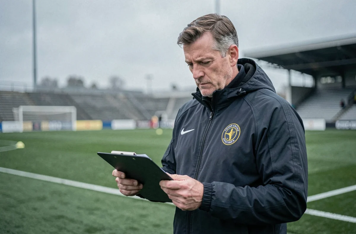 Entraîneur de football professionnel étudiant une feuille de composition tactique au bord d'un terrain d'entraînement du PSG
