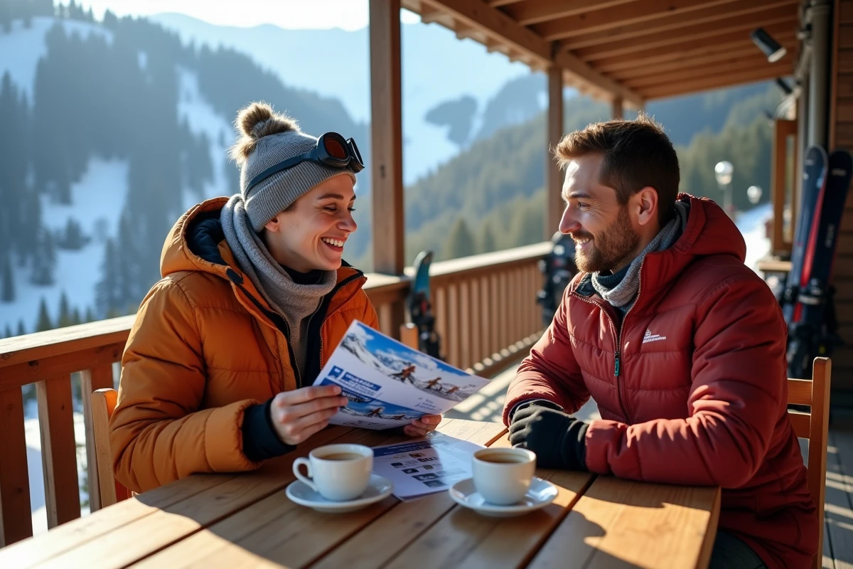 Couple de skieurs consultant les options de forfait ski sur la terrasse d'un restaurant d'altitude aux Arcs 1800