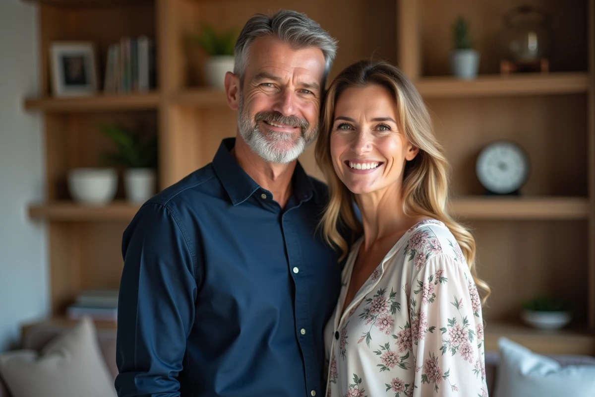 Couple marié souriant dans un salon chaleureux représentant la vie de famille épanouie