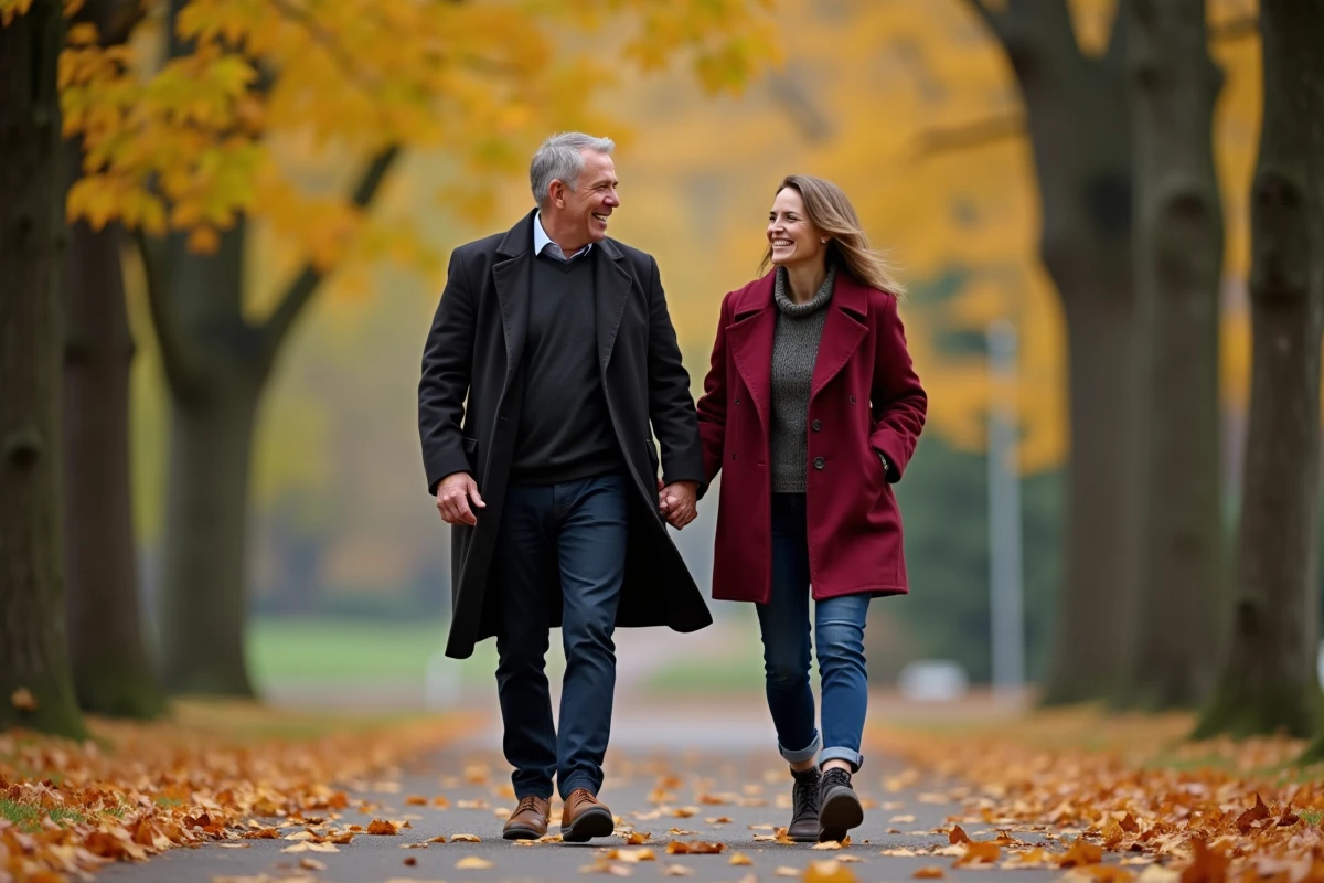 Couple se promenant dans un parc en automne, illustrant une vie de famille complice et épanouie