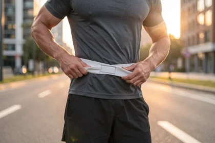 Coureur ajustant sa ceinture de sport à la taille au lever du jour