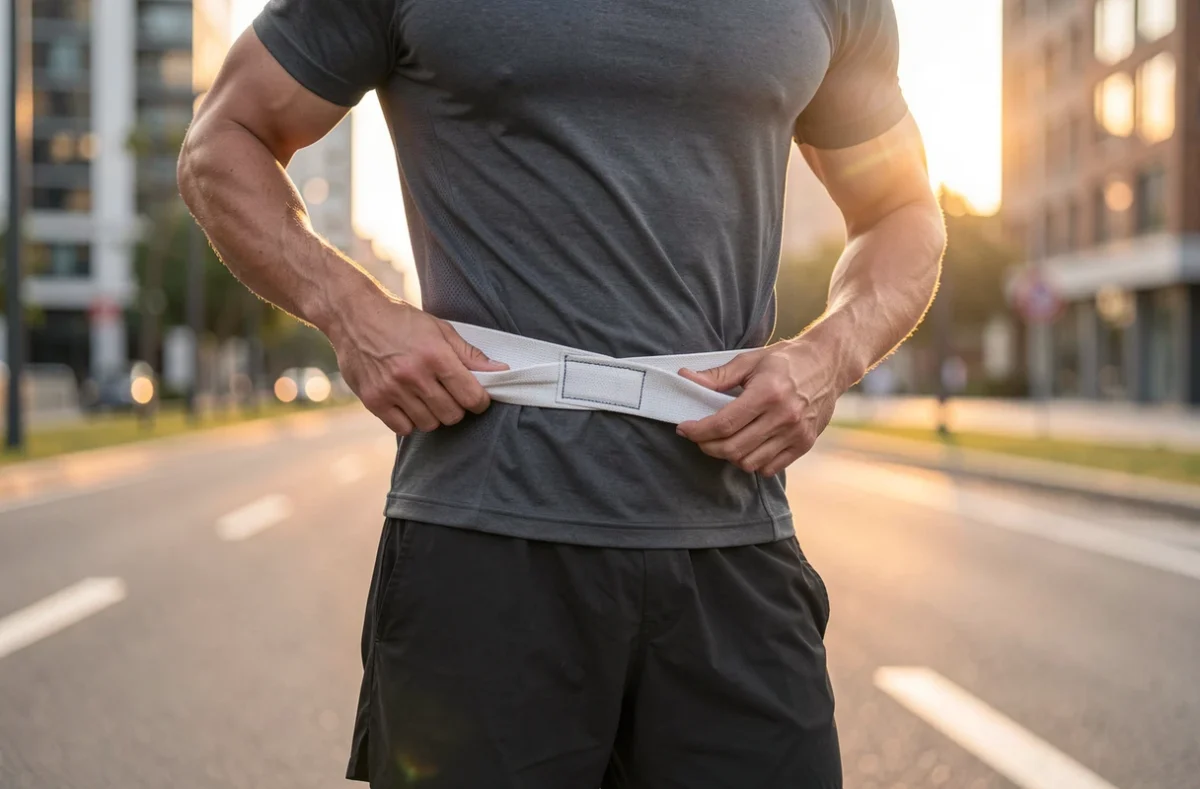 Coureur ajustant sa ceinture de sport à la taille au lever du jour