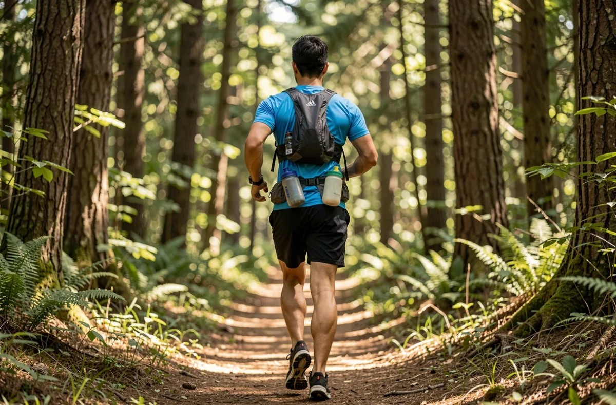 Coureur de trail avec une ceinture à flasques à la taille