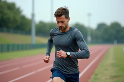 Coureur vérifiant l'allure affichée sur sa montre GPS pendant une séance de course sur piste